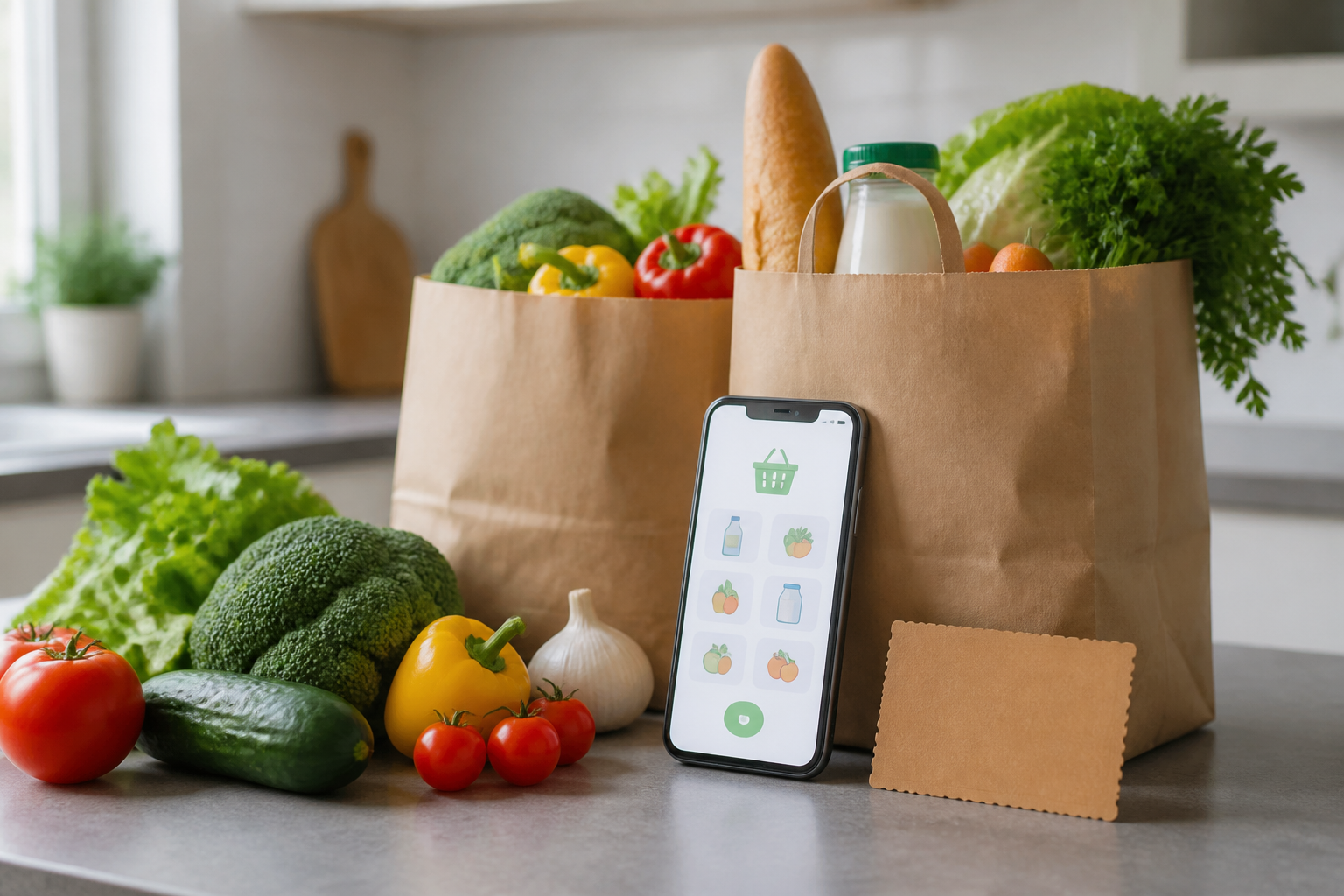 Пакет с продуктами и снижающийся ценник доставки